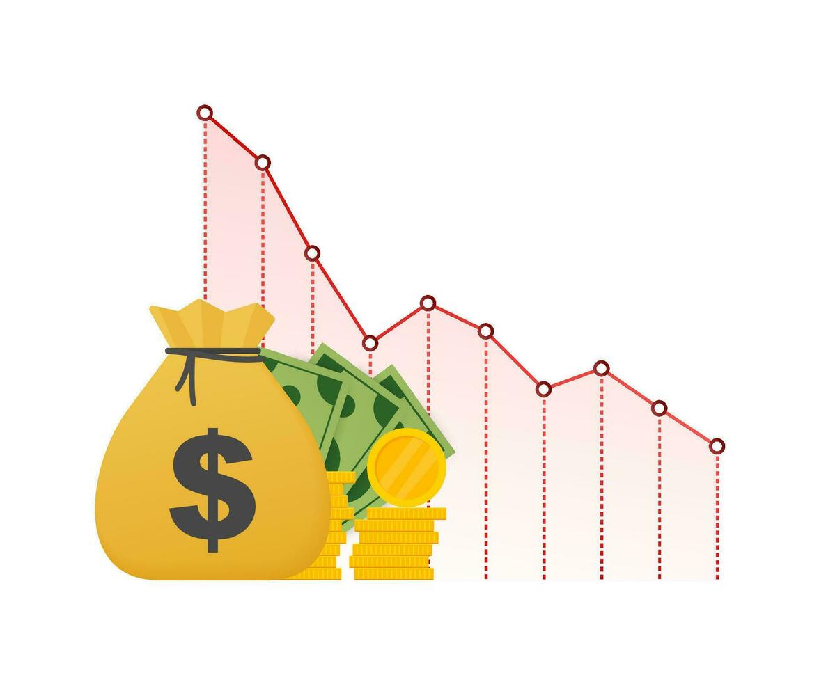 Money loss. Cash with down arrow stocks graph, concept of financial crisis, market fall, bankruptcy. Vector stock illustration