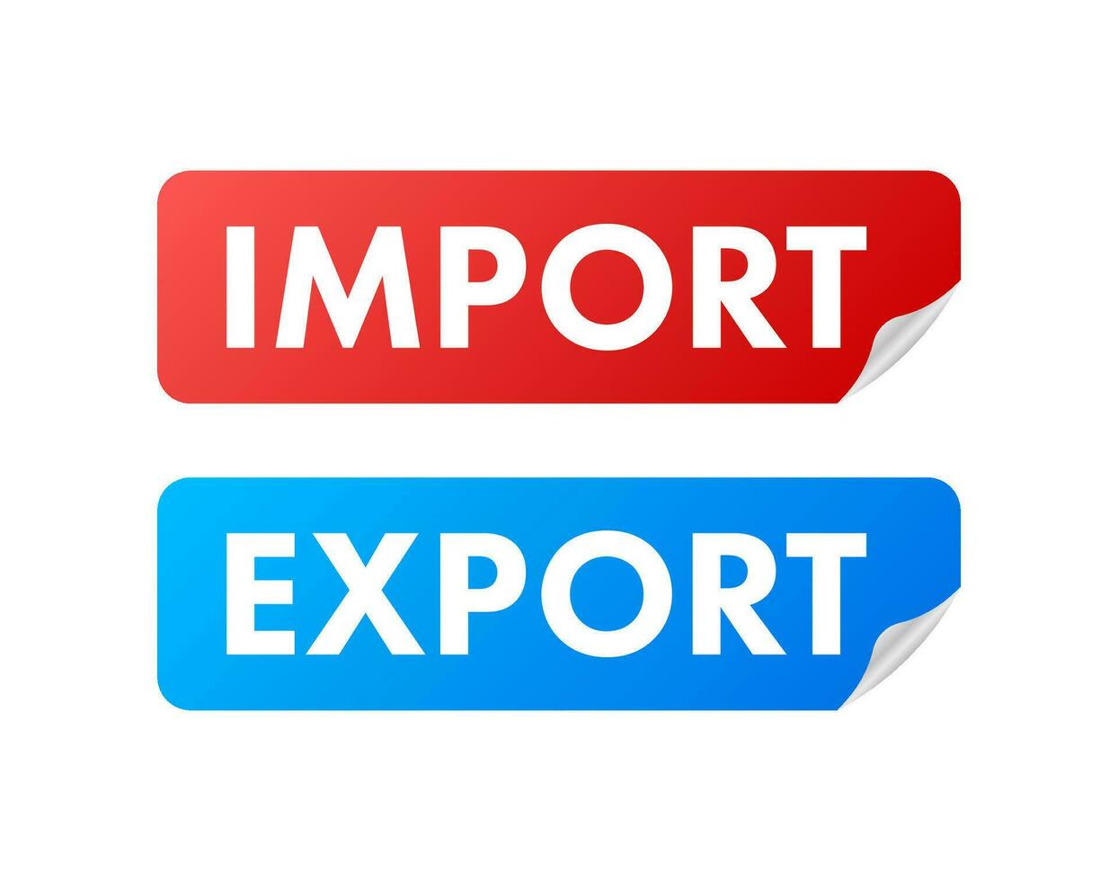 Port crane lift two red cargo containers with import and export words. Vector stock illustration