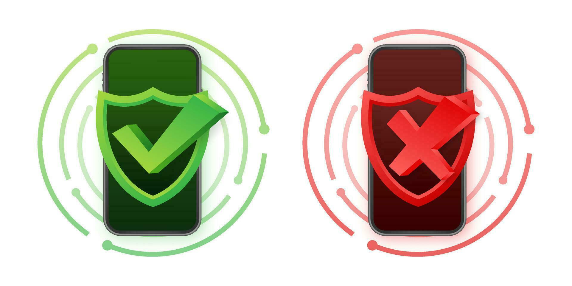 Smartphones with checkmarks set. Tick and cross check marks. Vector stock illustration