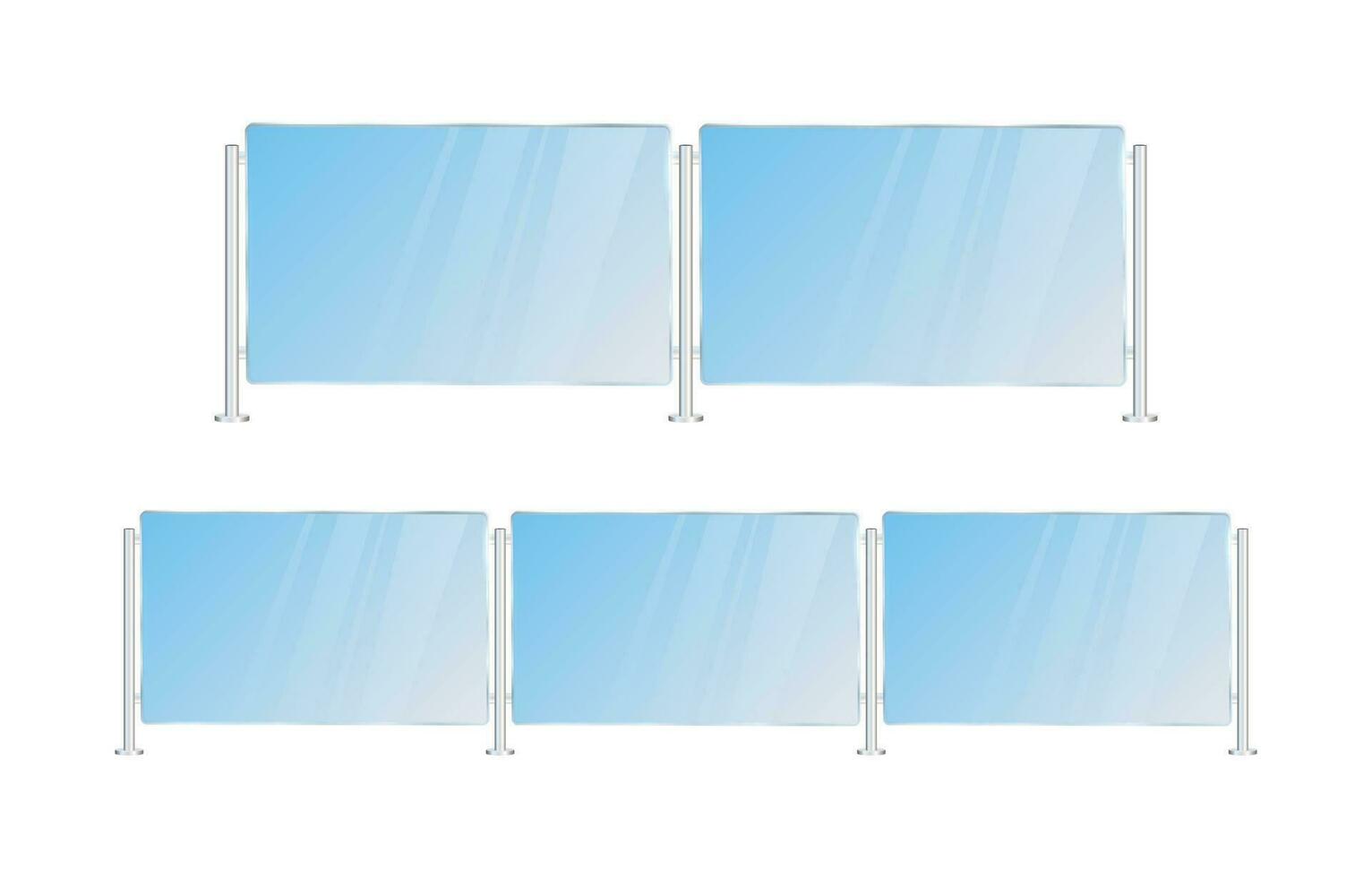 Glass fence sections. Transparent balcony. Street fence. Vector stock illustration