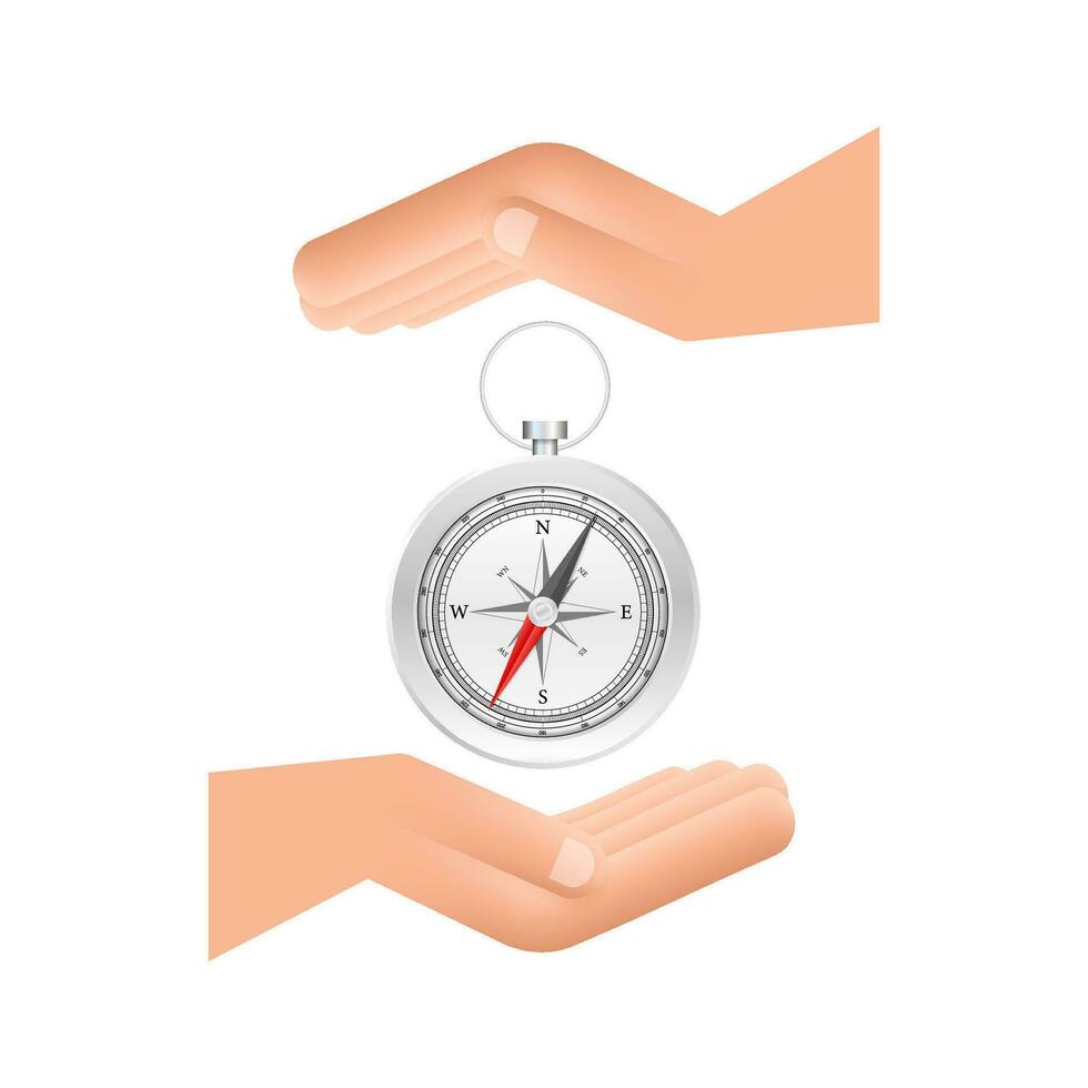 Compass icon over hands on white background. Flat vector navigation symbol. Vector stock illustration