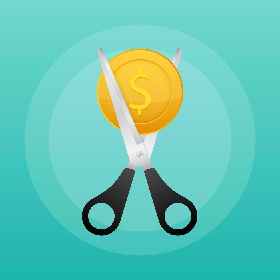 Scissors cutting money bill in flat style. Price, cost reduction or cut price. Vector stock illustration