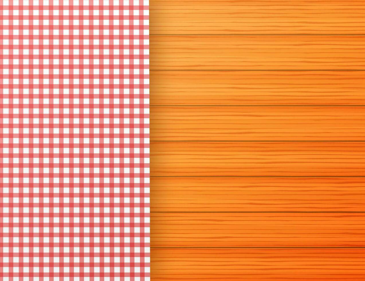 Red corner tablecloth on white wood table. Vector stock illustration