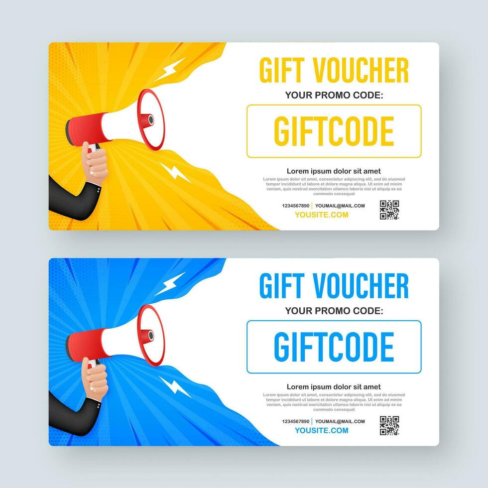 Template red and blue gift card. Vector Gift Voucher with Coupon Code. Discount voucher. Vector stock illustration