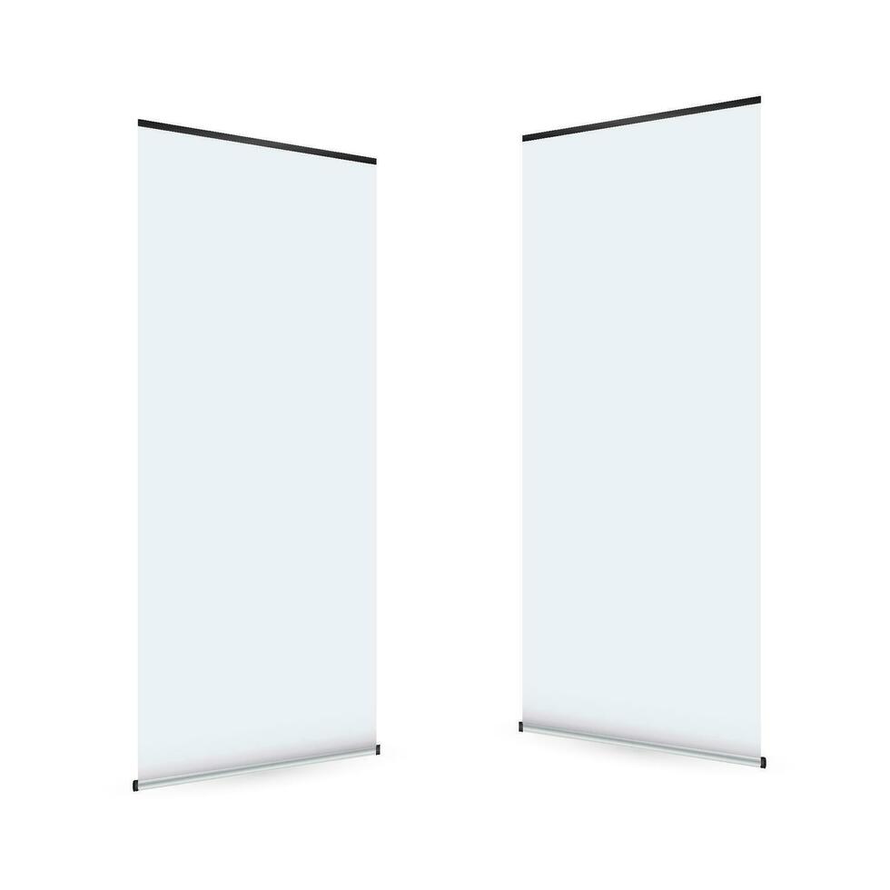 Blank roll up banner display. Roll up banner stand. Vector stock illustration