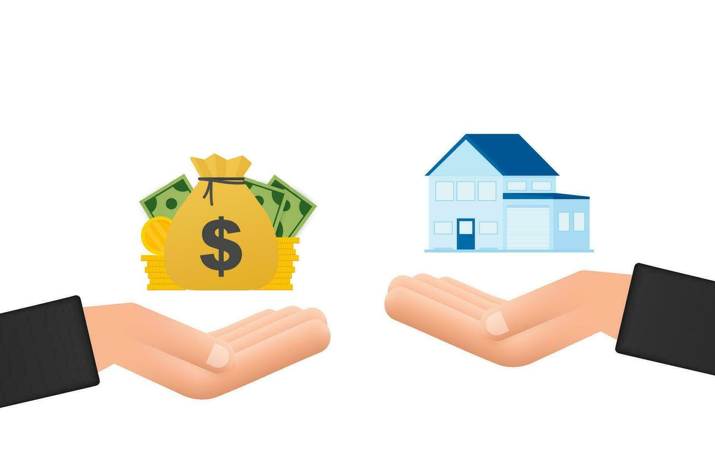 Hand holds house and key on finger and giving. Real estate agent at work, investment, mortgage, house loan, account vector