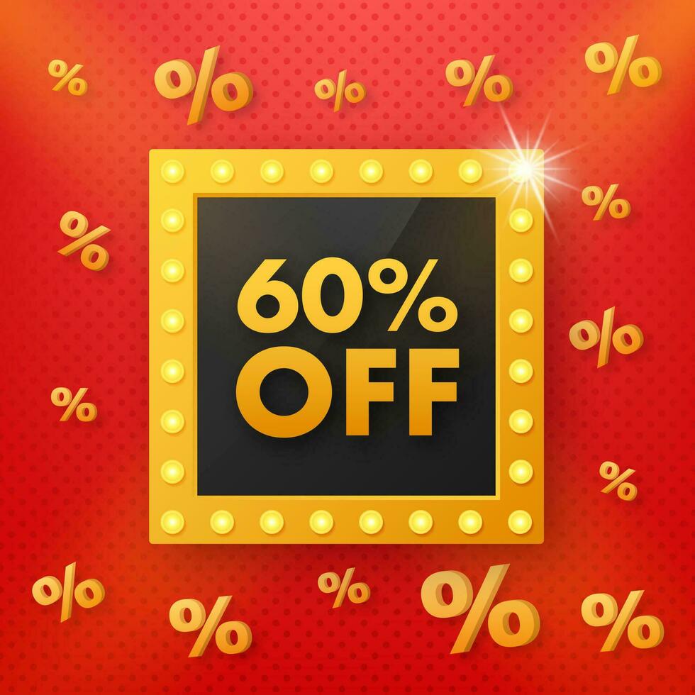 Light 60 percent discount in retro style on red background. Vintage, retro design. Isolated background. Sale banner. Discount banner design vector