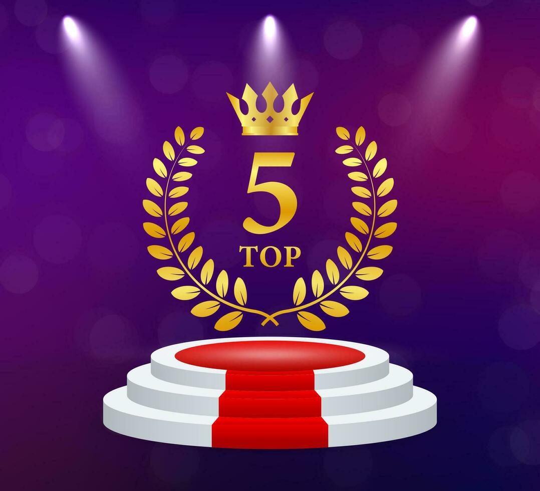 Top 5. Golden laurel wreath icon. Victory prize. Trophy cup. Vector stock illustration