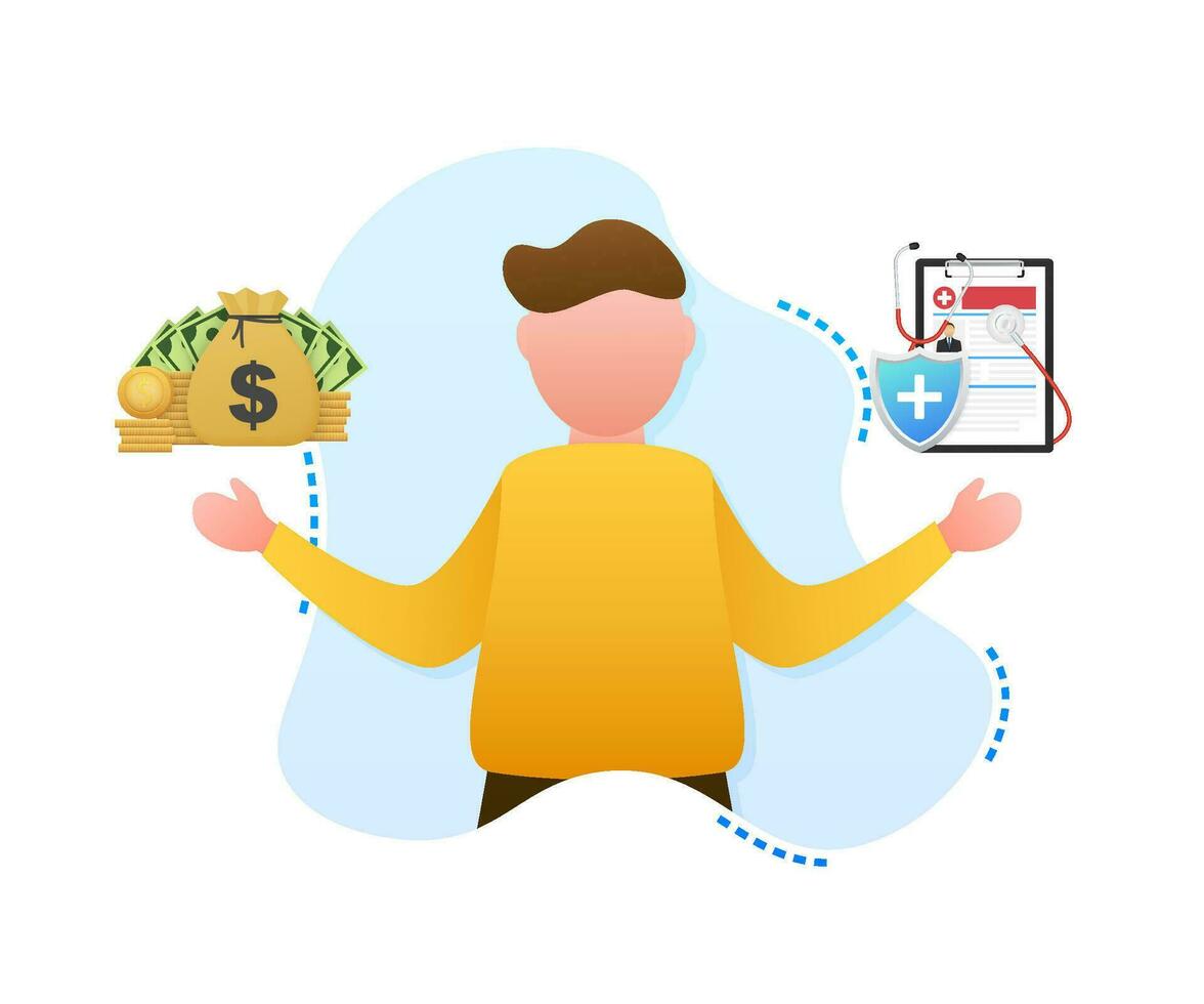 Man choosing between two options Medical insurance and money. Vector stock illustration