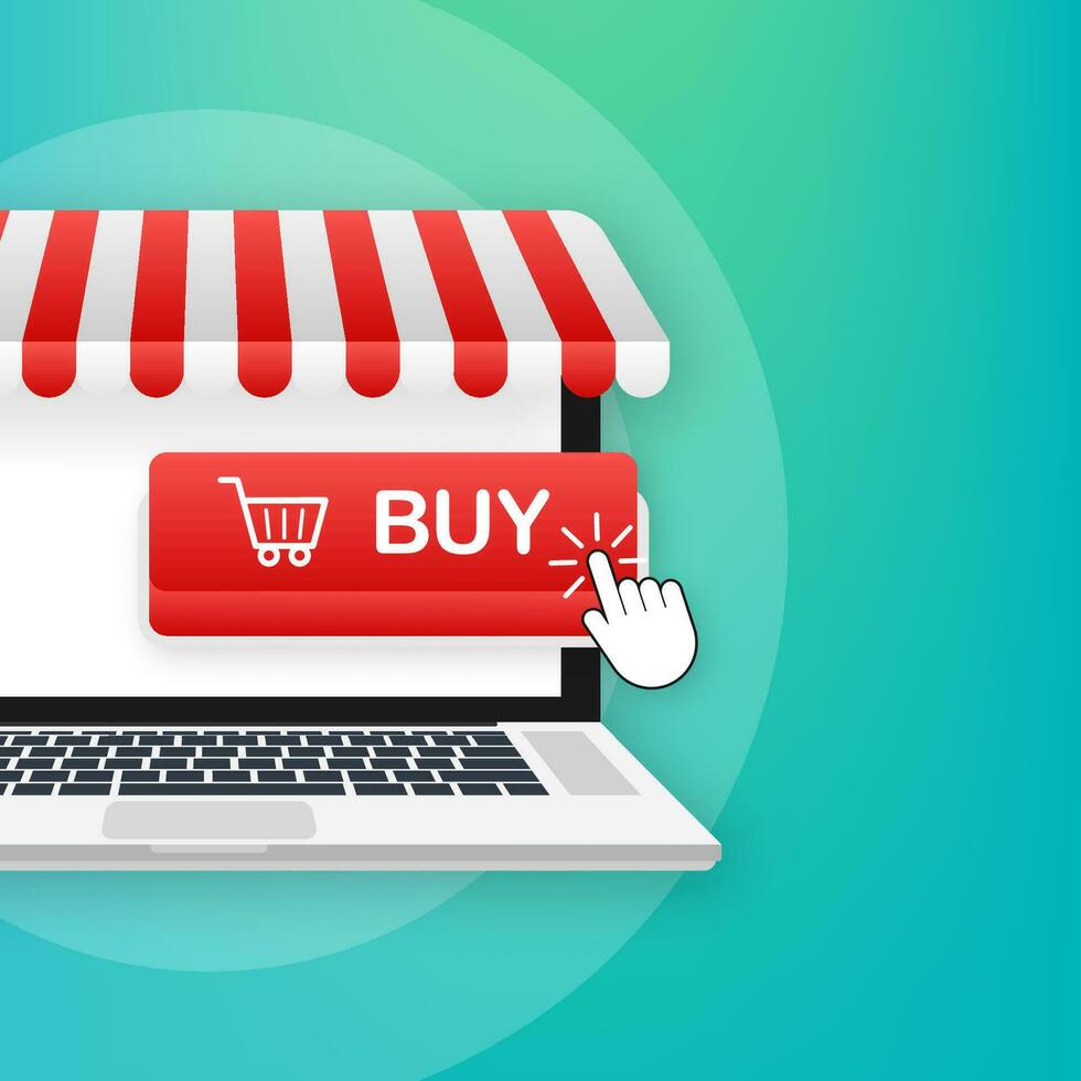 Buy button on laptop screen. Shopping Cart icon. Vector stock illustration.