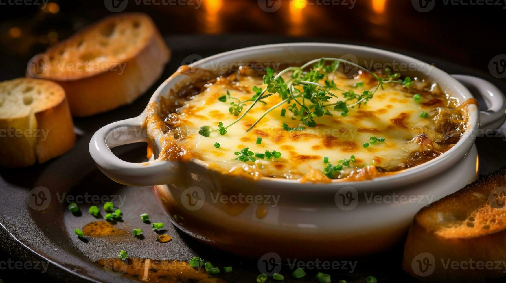 Photo of French Onion Soup as a dish in a high-end restaurant. Generative AI