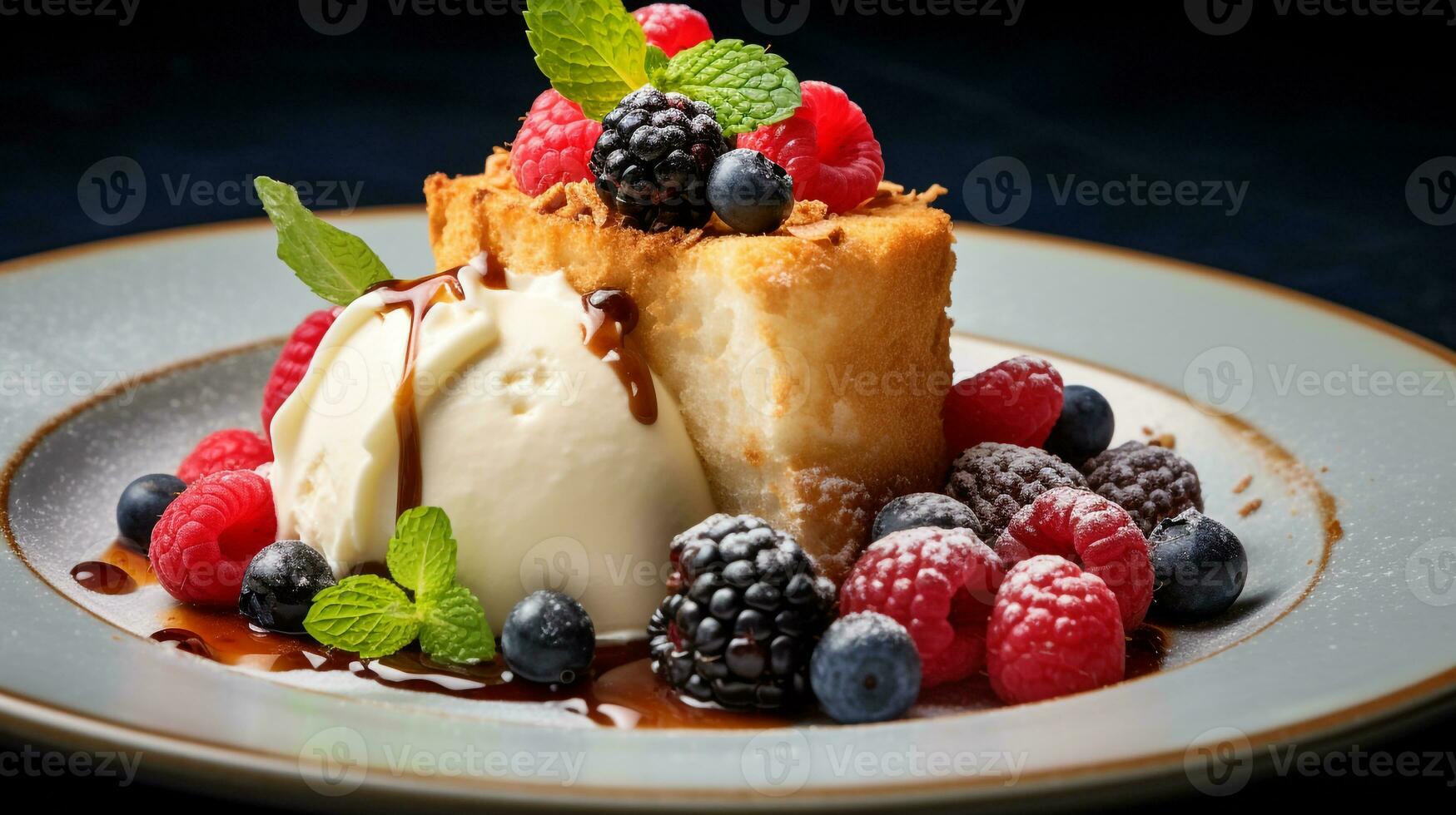 Photo of Angel Food Cake as a dish in a high-end restaurant. Generative AI