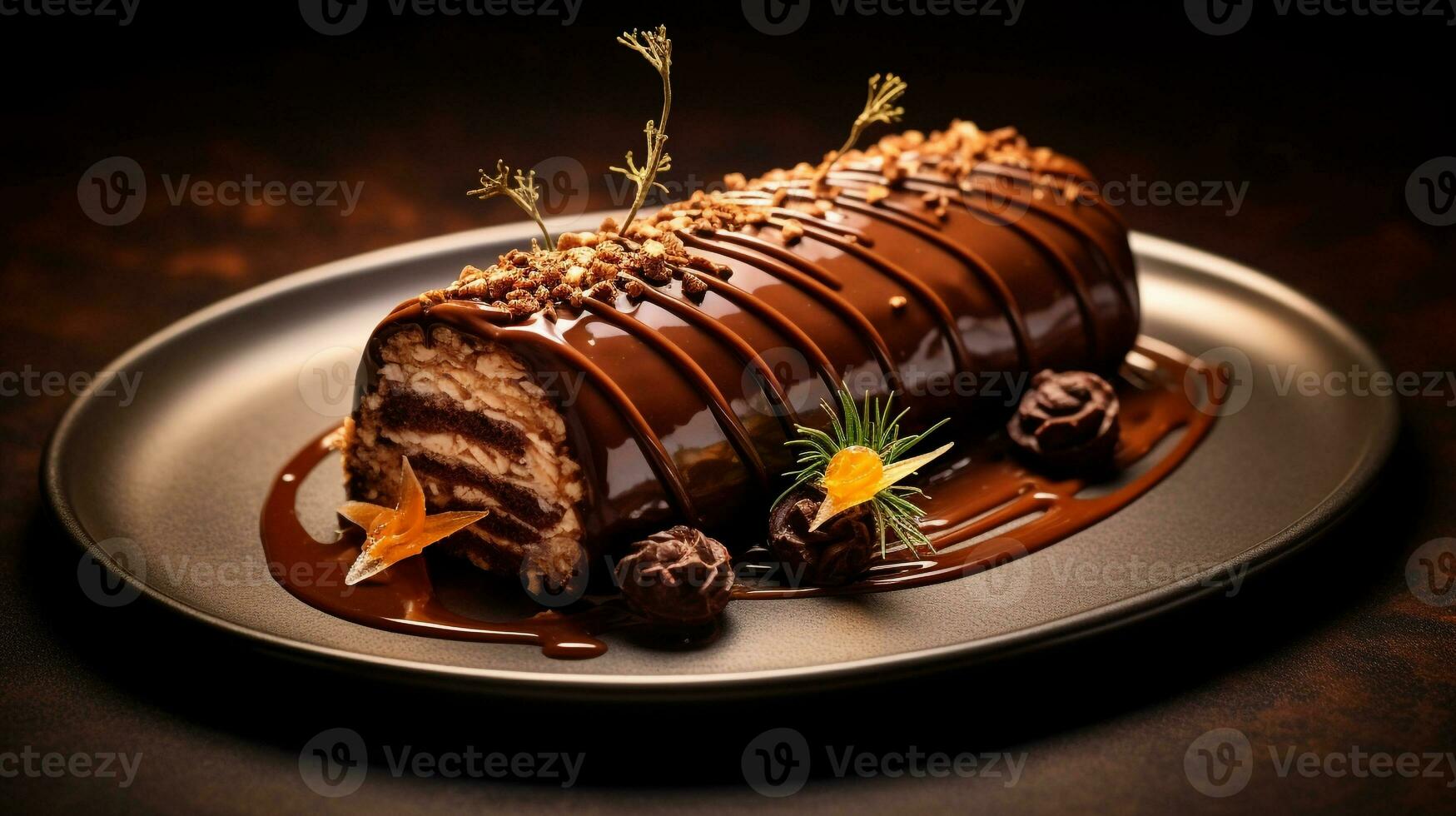 Photo of Yule Log Cake as a dish in a high-end restaurant. Generative AI
