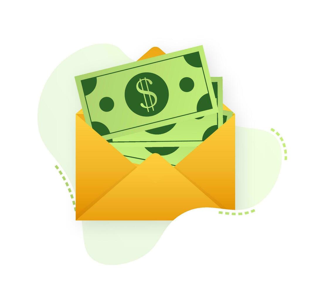Some dollar bills in white envelope. Send money concept. Vector illustration
