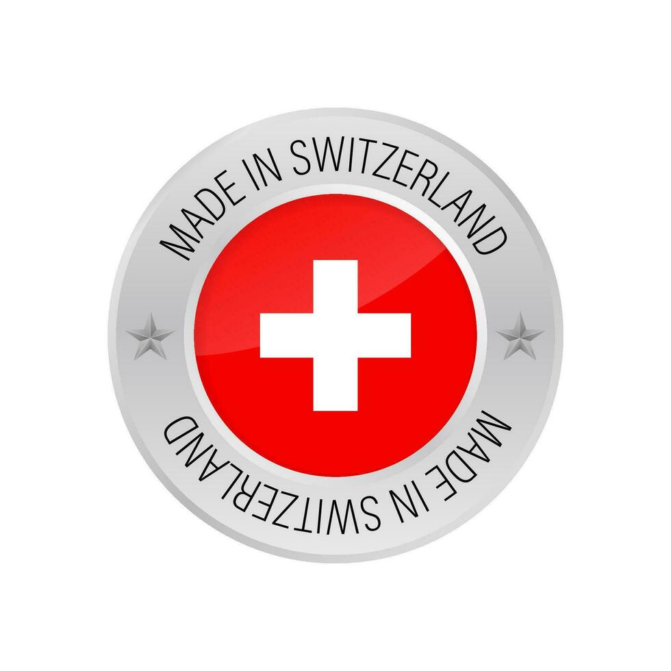 Glossy metal badge icon, made in Switzerland with flag. Vector stock illustration