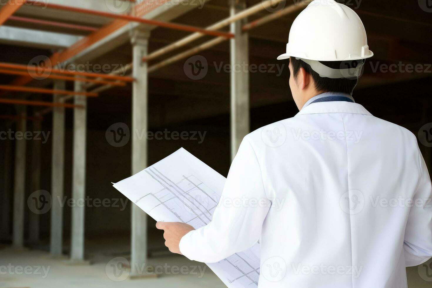 Engineering wearing hardhat with blurred site construction building background, Generative AI illustration photo