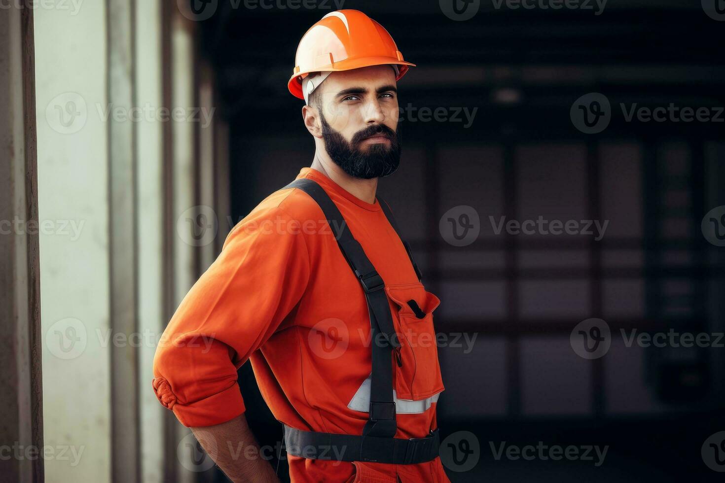 Engineering wearing hardhat with blurred site construction building background, Generative AI illustration photo