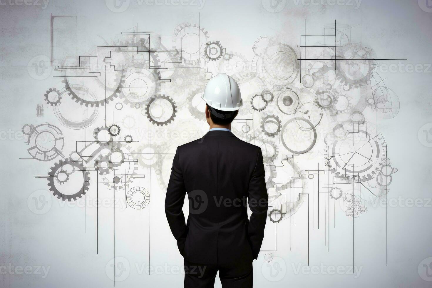 Engineering wearing hardhat with blurred site construction building background, Generative AI illustration photo