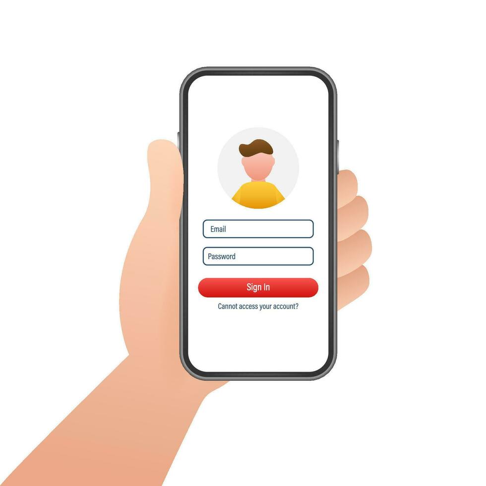 Sign in to account, user authorization, login authentication page concept. Smartphone with login and password form page on screen. Vector stock illustration.