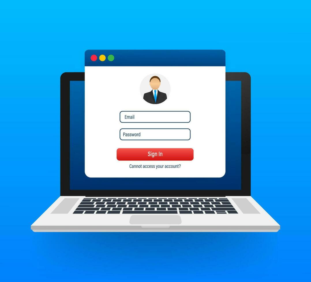 Sign in to account, user authorization, login authentication page concept. Laptop with login and password form page on screen. Vector stock illustration