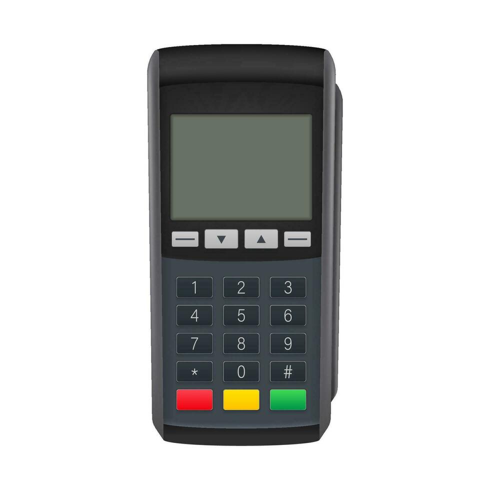 Payment terminal mockup. Pos terminal with blank screen. Cash register. Vector stock illustration.