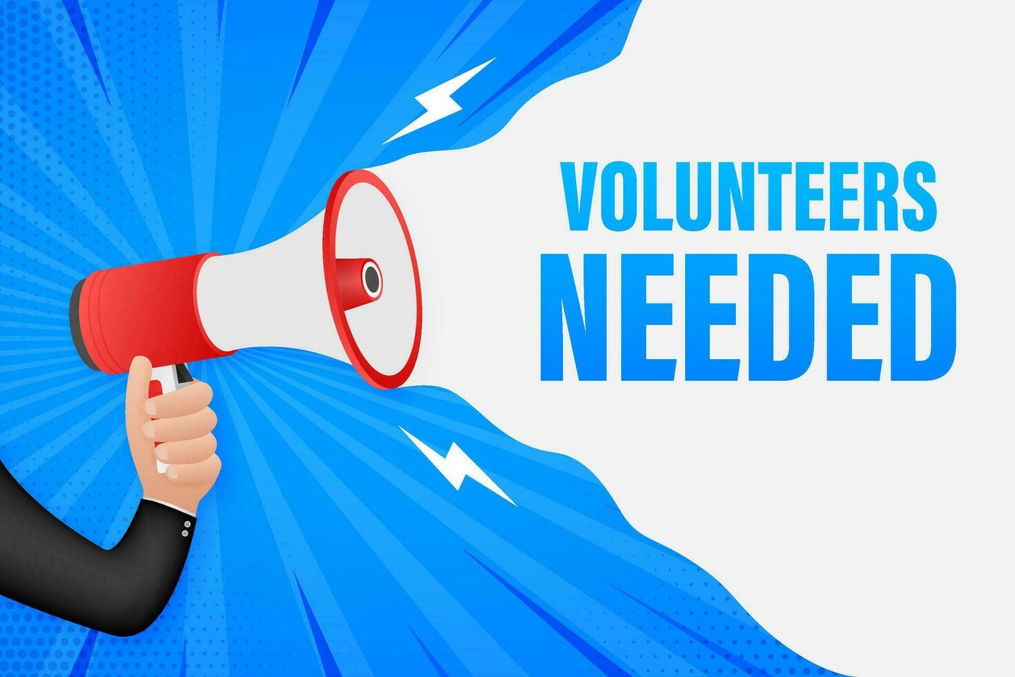 Hand Holding Megaphone with volunteers needed. Megaphone banner. Web design. Vector stock illustration