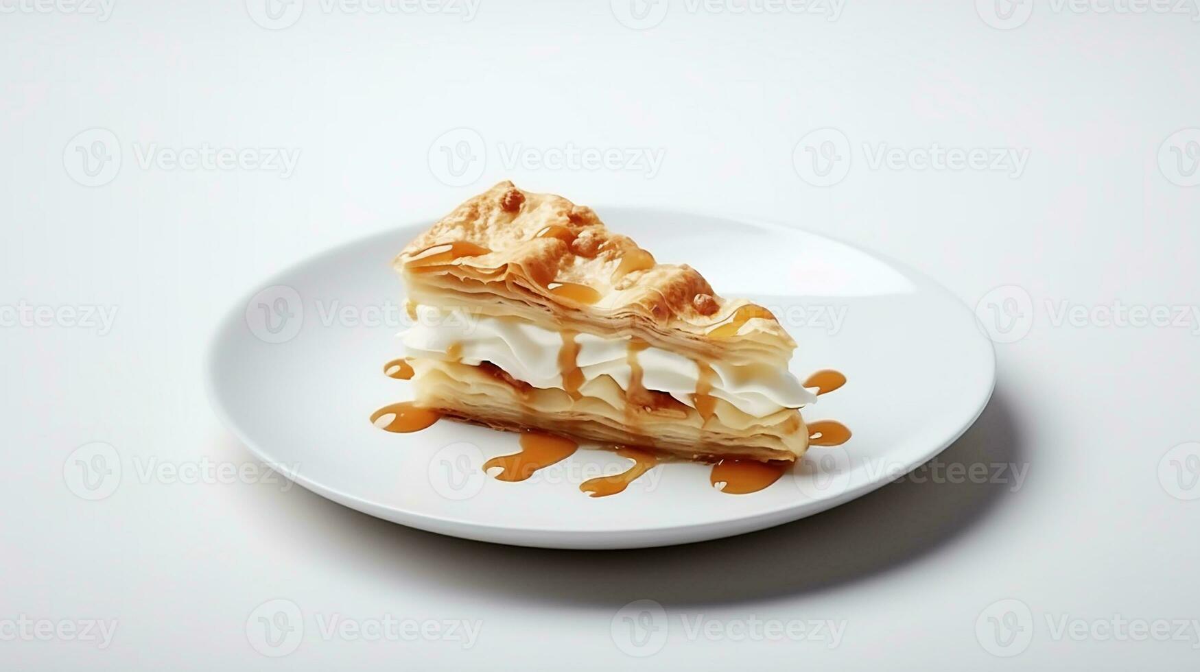 Photo of a slice of apple pie on a white plate. Generative AI