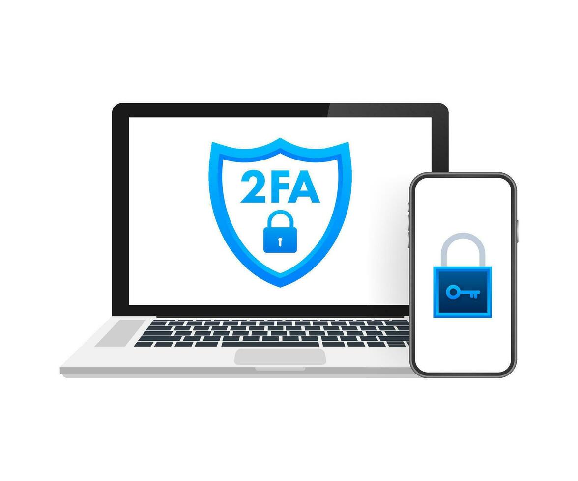 Two step authentication 2fa, flat cartoon smartphone and computer safety login or signin. Vector stock illustration