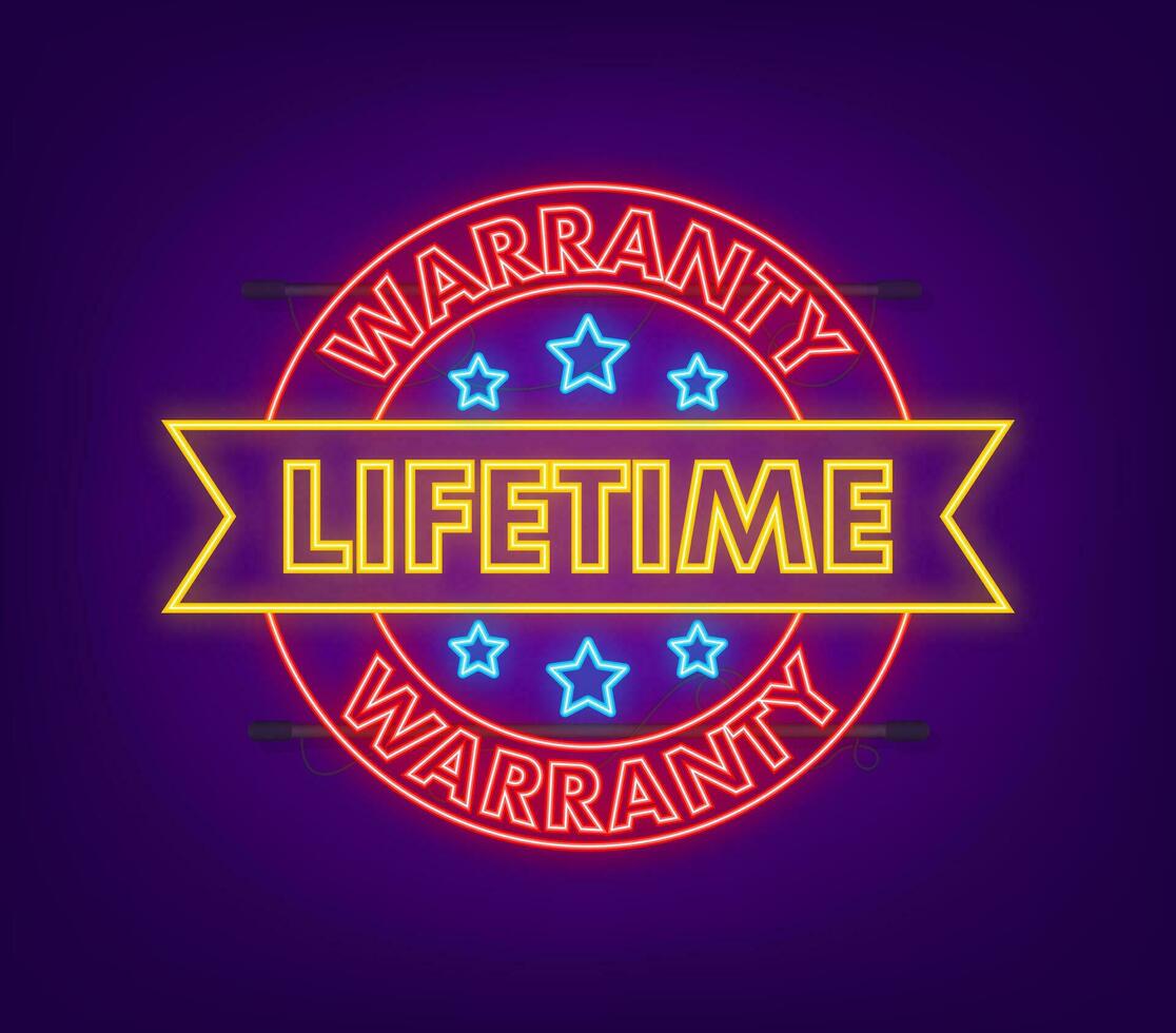 Flat banner with neon red lifetime warranty. Flat vector illustration character.
