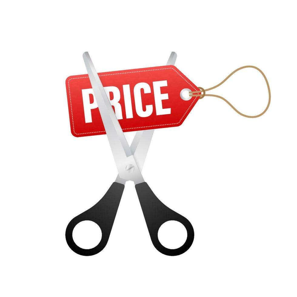 Price cut in flat style on black background. Vector illustration, cartoon character. Editable stroke