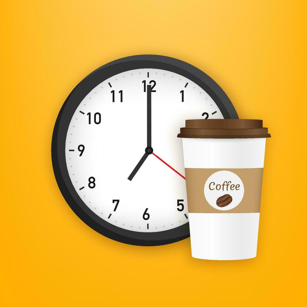 Coffee cup time clock. Coffee with the watch. Vector stock illustration