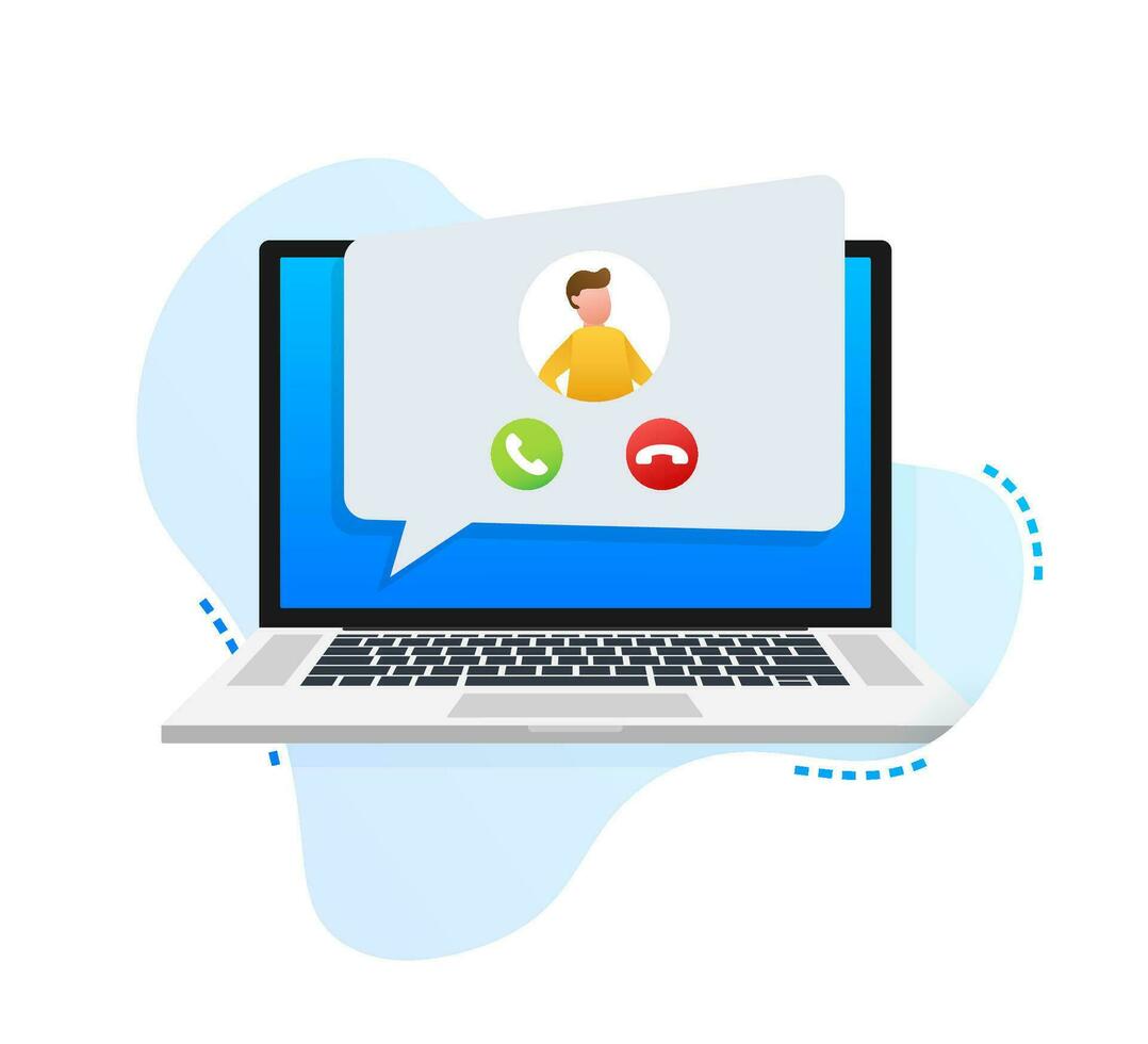 Incoming video call on laptop. Laptop with incoming call, man profile picture and accept decline buttons. Vector stock illustration.