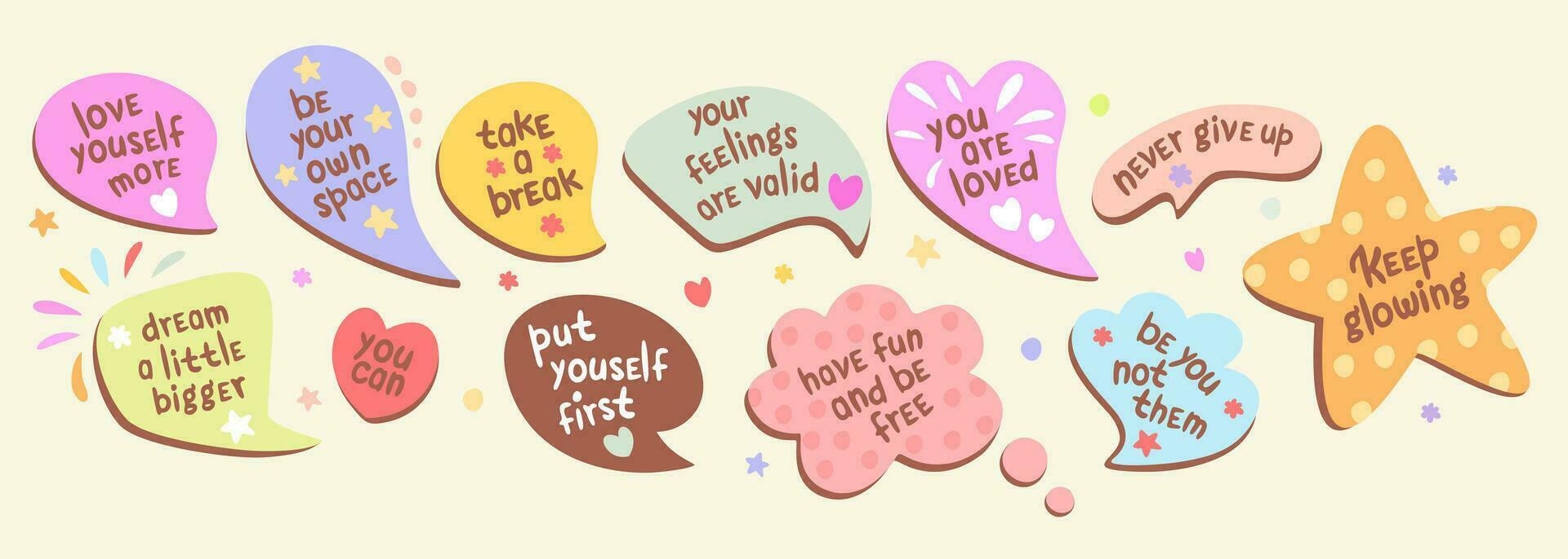 Vector collection of speech bubbles with affirmation. Self love and compliment phrases