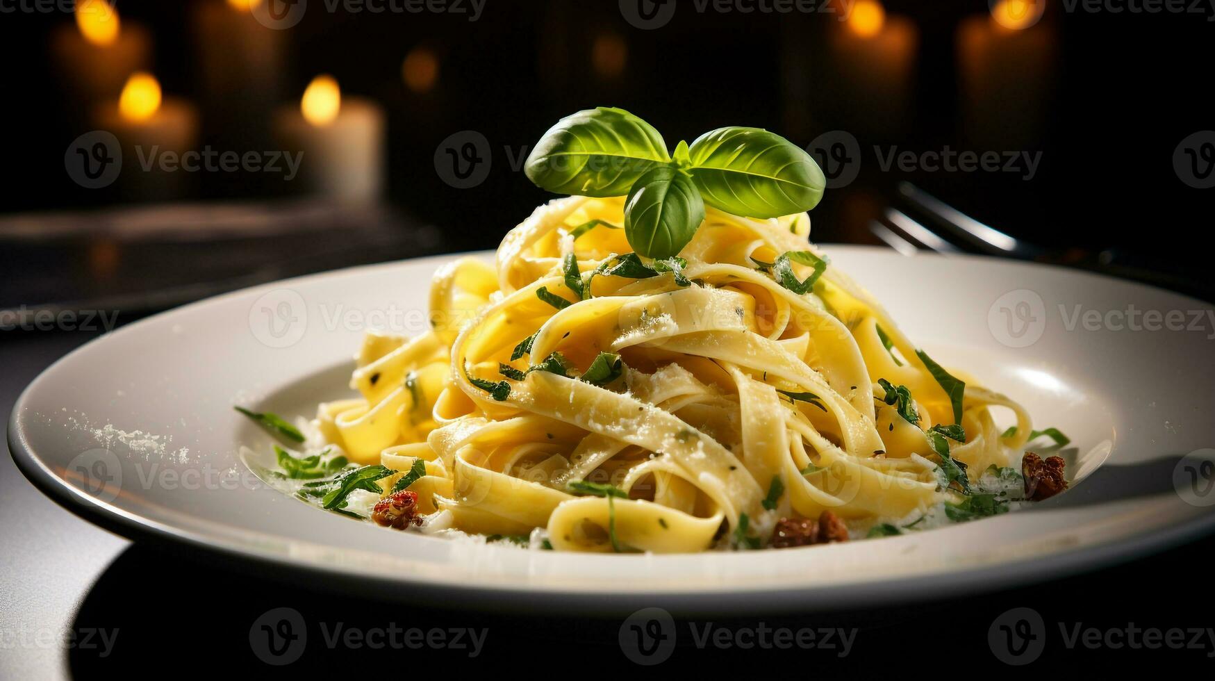 Photo of Lemon Garlic Butter Pasta as a dish in a high-end restaurant. Generative AI