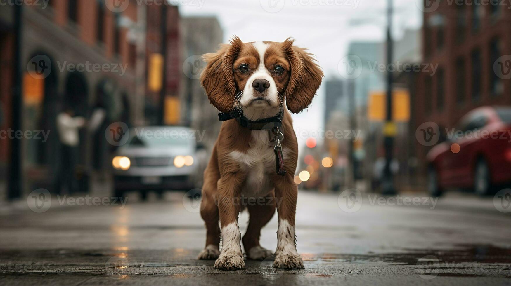 Photo of a dog standing on the street in downtown. Generative AI