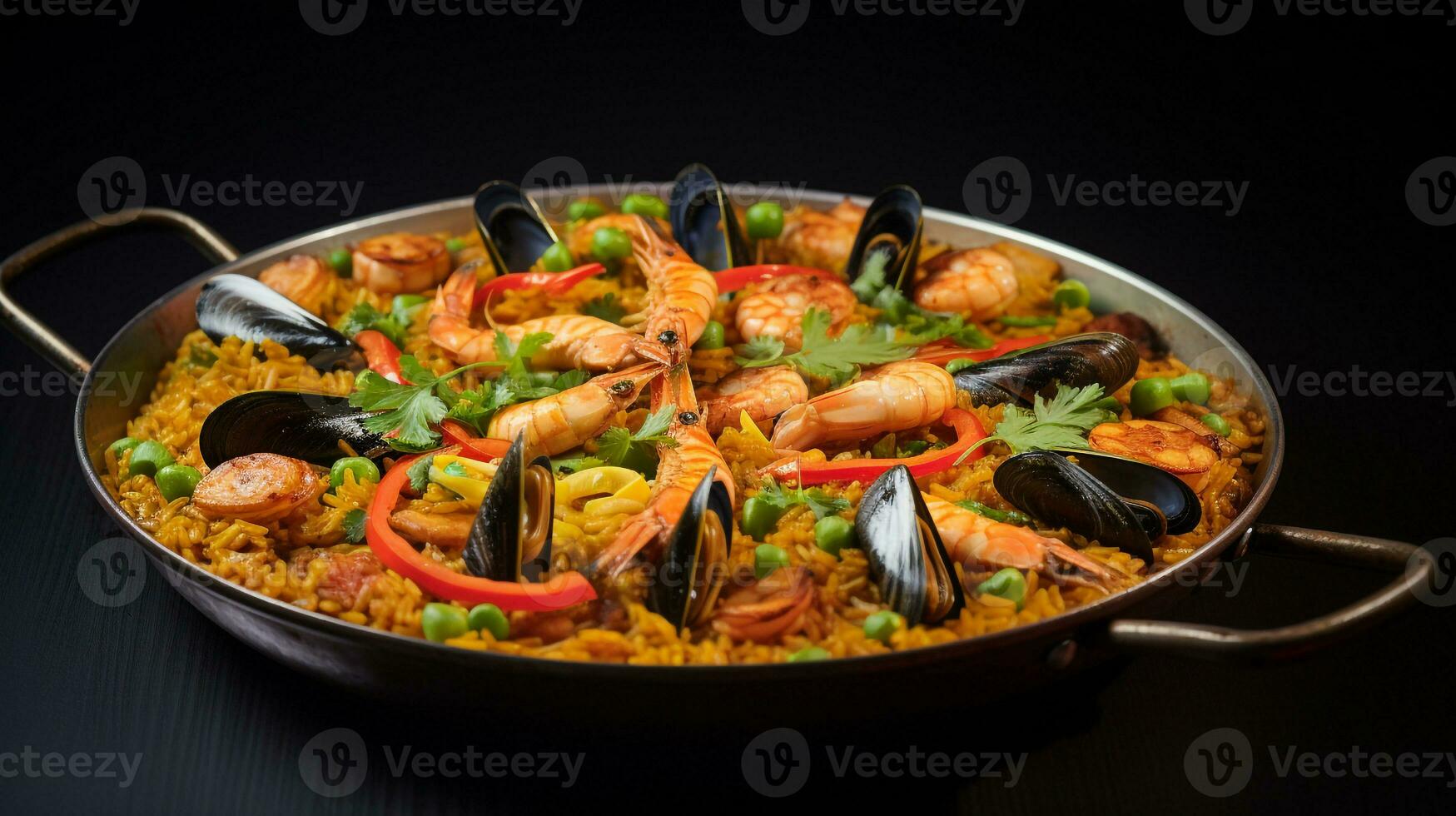 Photo of Seafood Paella as a dish in a high-end restaurant. Generative AI