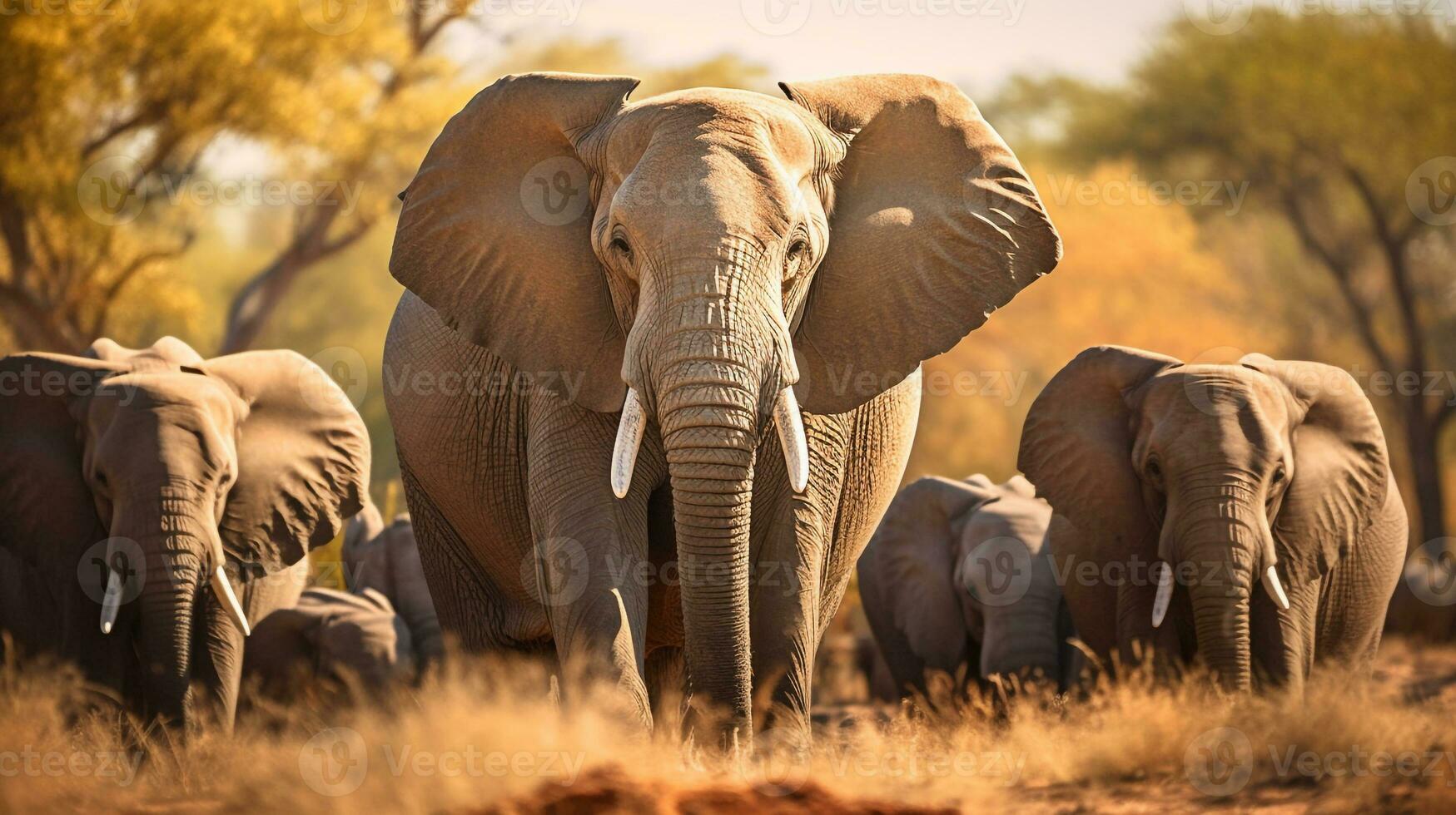 Photo of a herd of African Elephant resting in an open area on the Savanna. Generative AI