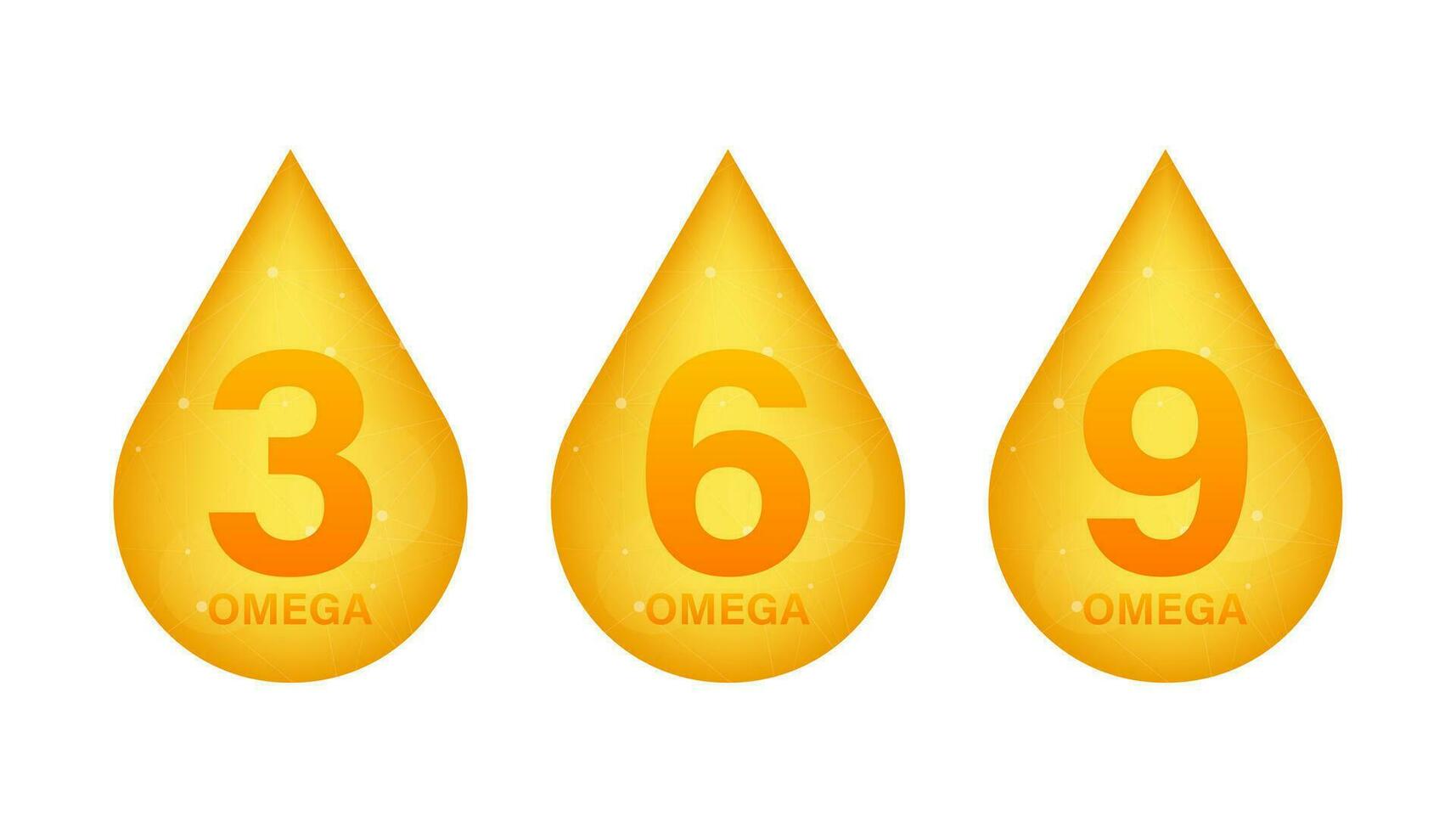 Omega 3, 6, 9, gold icon. Vitamin drop pill capsule. Shining golden essence droplet Vector illustration