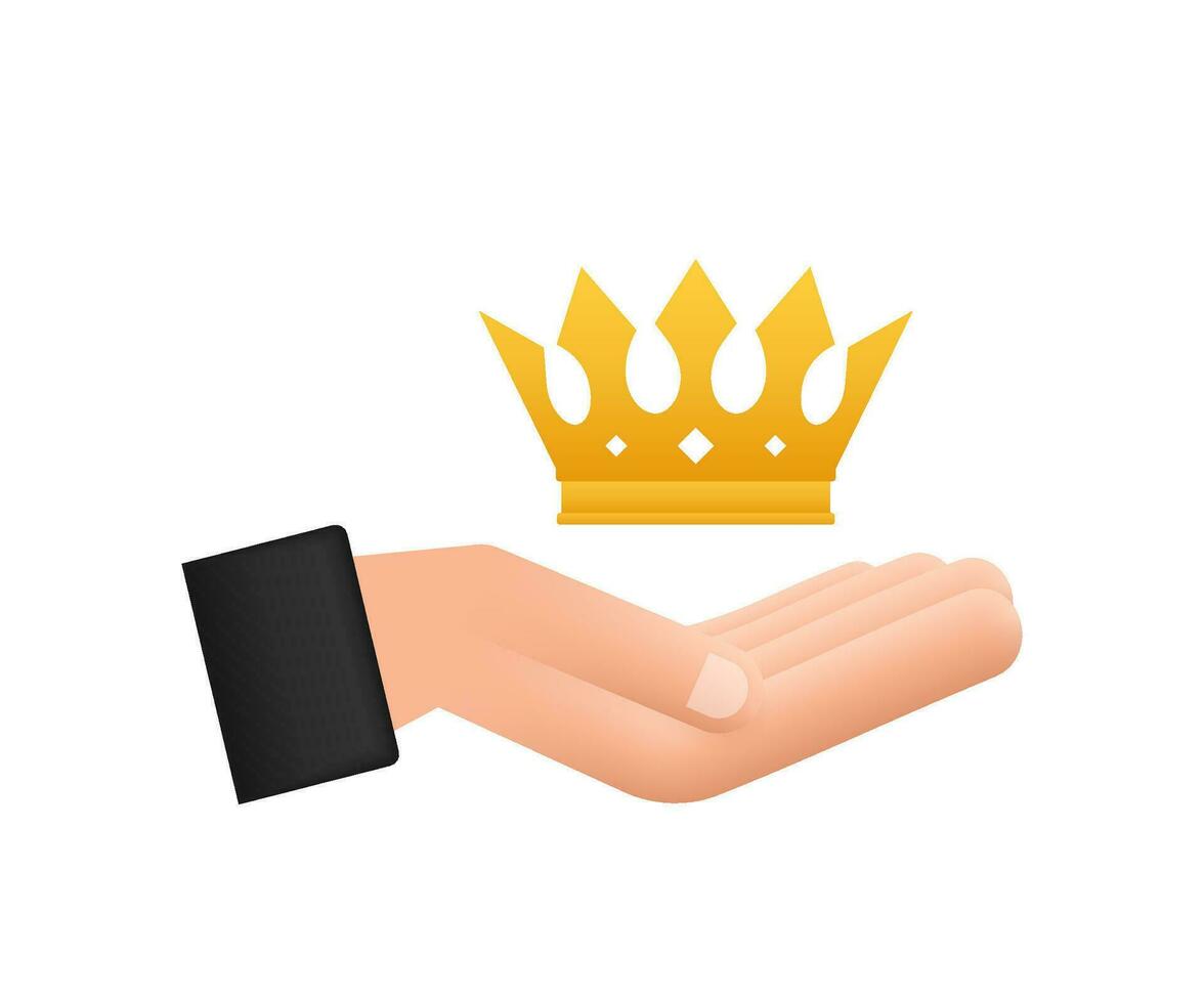 Crown of king hanging over hands isolated on white background. Gold royal icon. Vector stock illustration