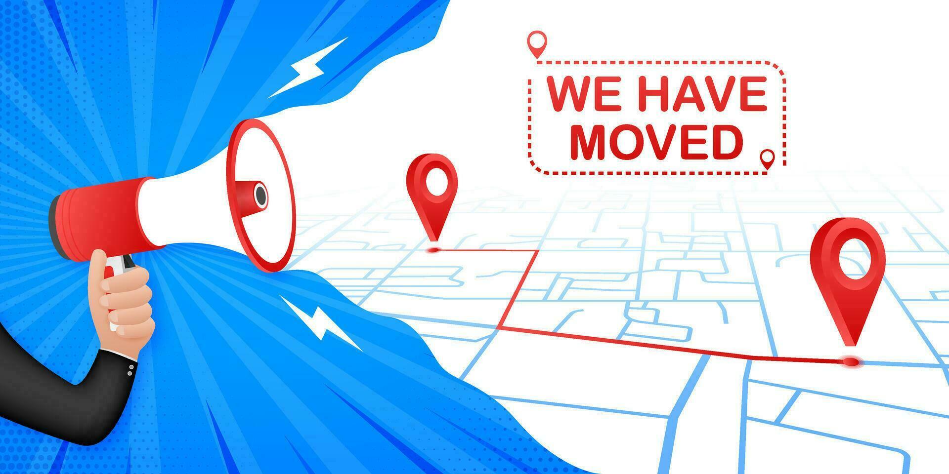 We have moved. Moving office sign. Clipart image isolated on red background. Vector stock illustration