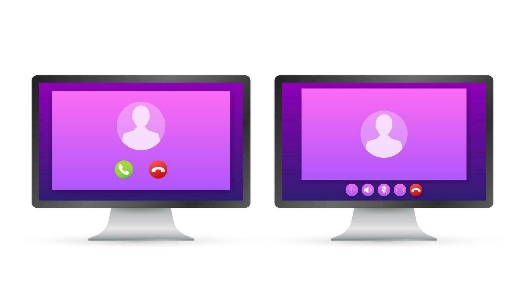 Incoming video call on laptop. Laptop with incoming call, man profile picture and accept decline buttons. Vector stock illustration