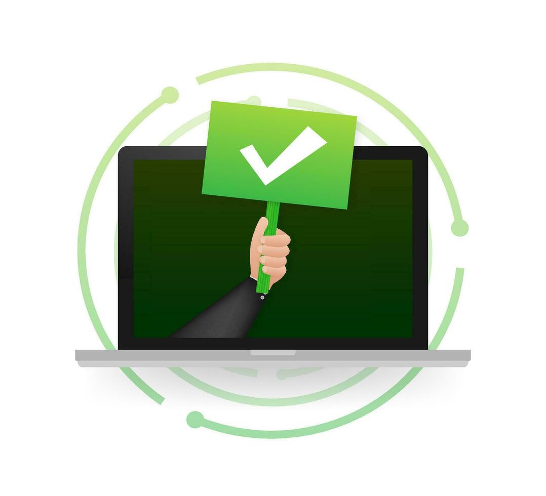 Laptop with checkmark or tick notification on placard. Approved choice. Accept or approve checkmark. Vector illustration