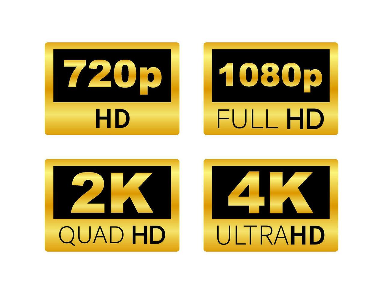 Video dimension labels. Video resolution 720, 1080, 2k, 4k, badges. Quality design element Vector stock illustration