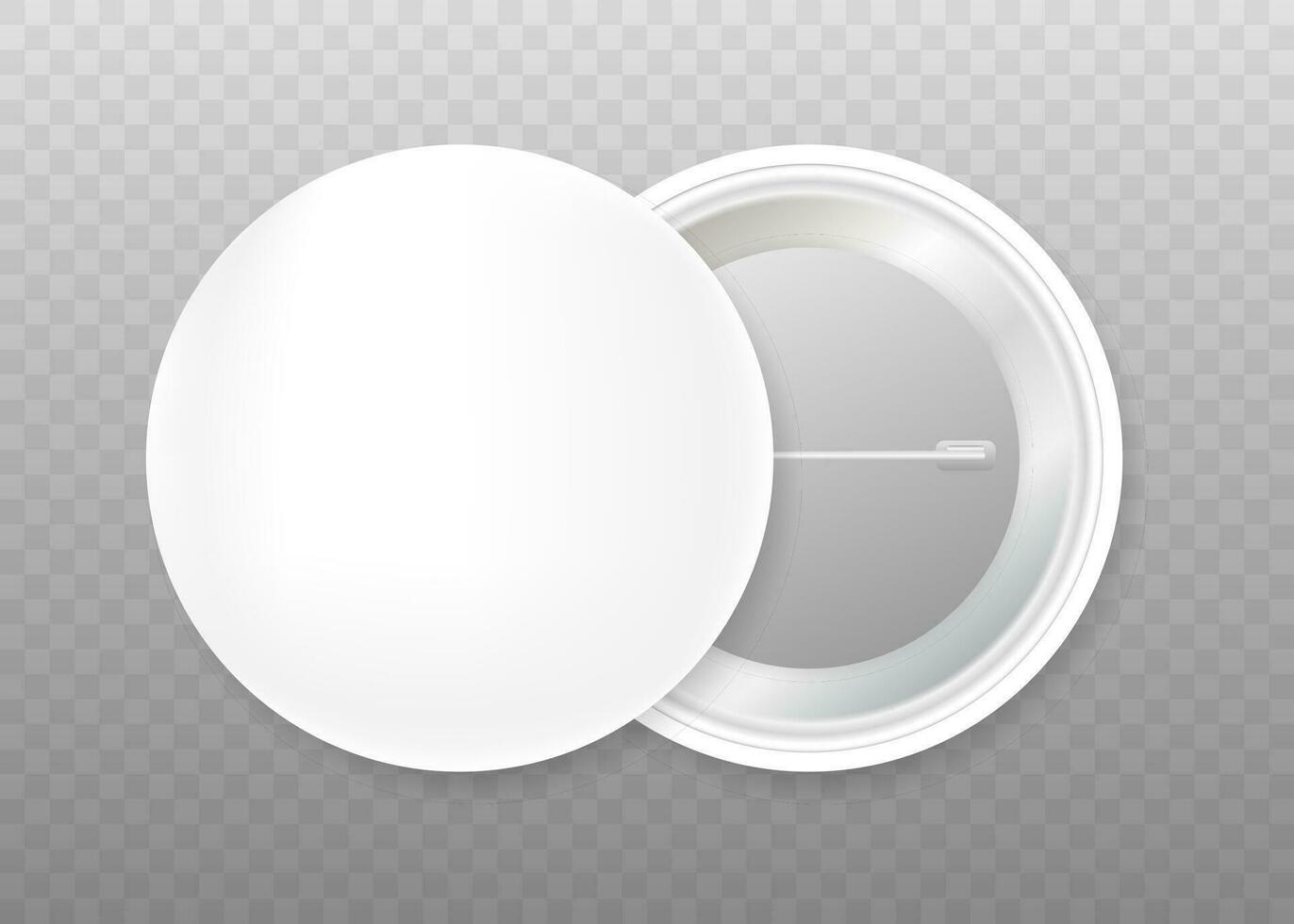 Pin badges. White round blank button. Souvenir magnet badging mockup. Vector stock illustration