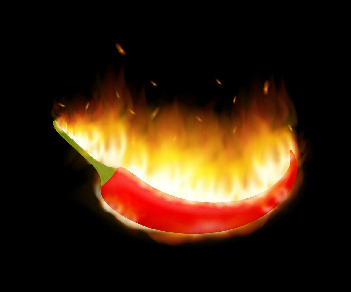 A burning hot spicy red chilli pepper covered in flames. Extra spicy pepper. Vector stock illustration.
