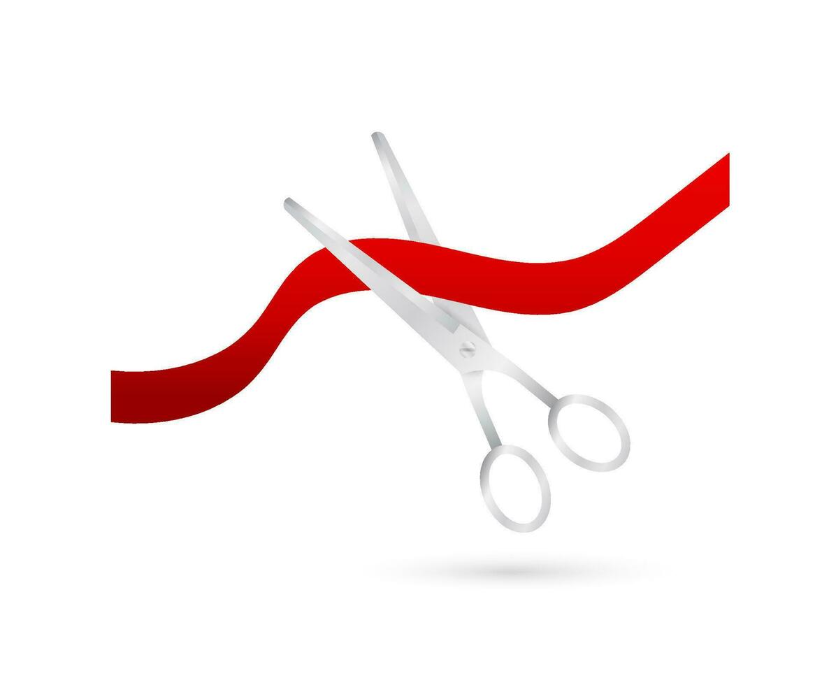 Vector silver scissors cutting red ribbon. Vector stock illustration