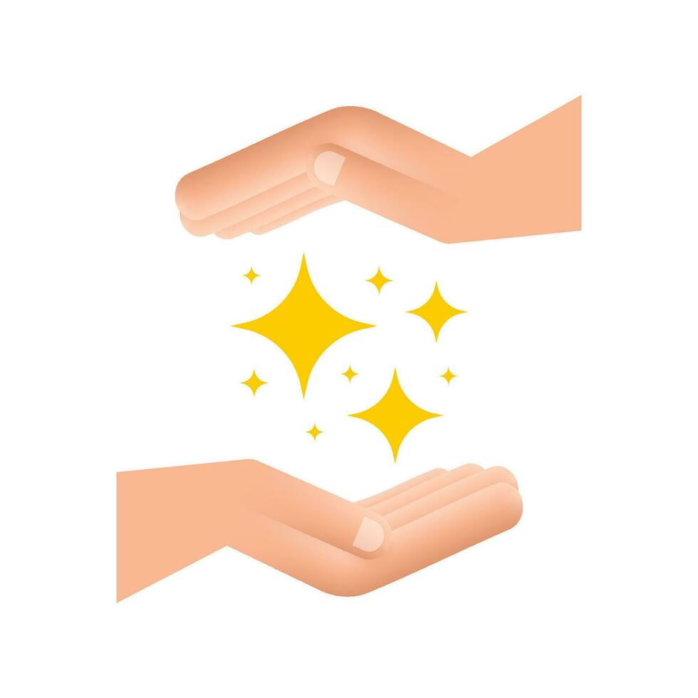 Yellow sparkles symbols in hands. The set of original vector stars sparkle icon. Bright firework, decoration twinkle, shiny flash. vector illustration