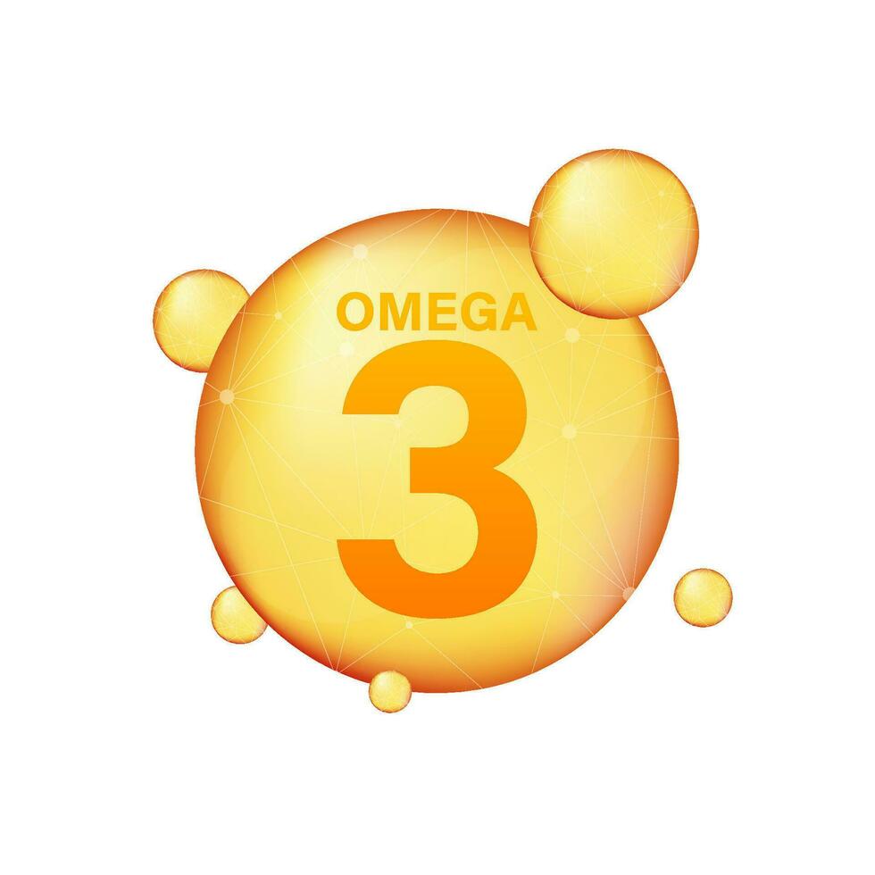 Omega 3 gold icon. Vitamin drop pill capsule. Shining golden essence droplet. Vector stock illustration.