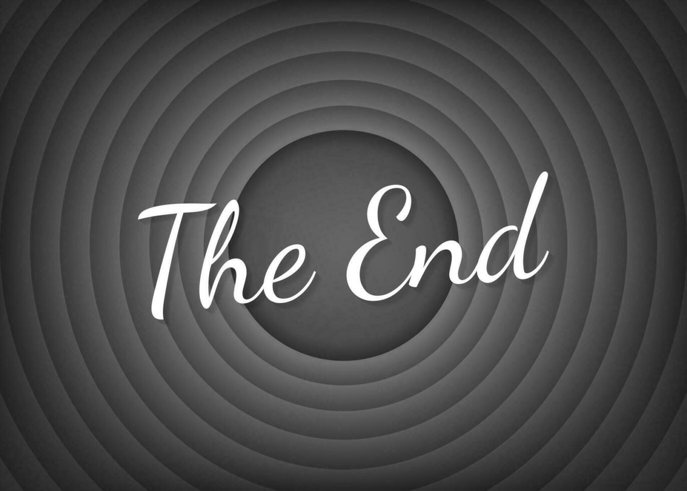 The End handwrite title on gray round background. Old movie circle ending screen. Vector stock illustration