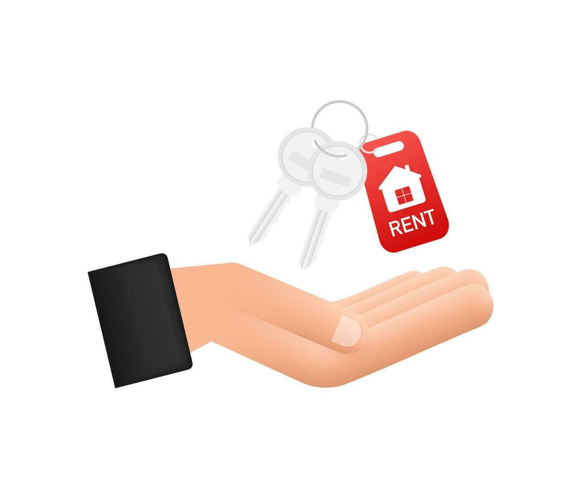 Just sold keys handing over hand on white background. Vector stock illustration